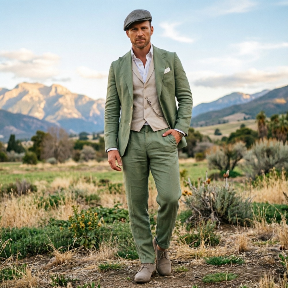 Men Formal Wear Green - Adaçayı Yeşili Keten Erkek 3 Parça